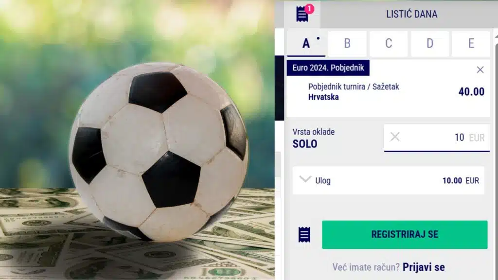 Ilustracija kladioničarskog listića na kojem je samo jedan događaj (Klađenje na jedan par)